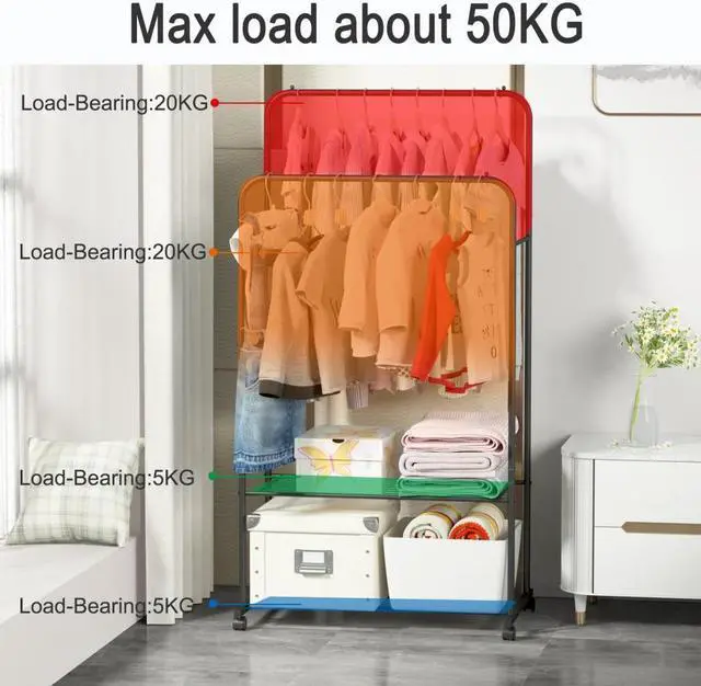 Alt view image 4 of 7 - Fashional simple Double Rail Clothes Rack Rolling Clothes Organizer  Double Rod Portable Clothing Hanging Stand  Display  Garment Rack with 2-tier Storage Shelves Black