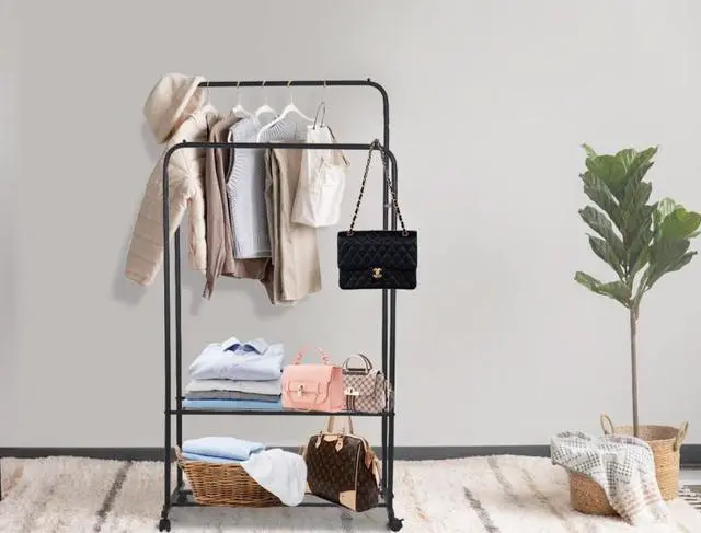 Alt view image 2 of 7 - Fashional simple Double Rail Clothes Rack Rolling Clothes Organizer  Double Rod Portable Clothing Hanging Stand  Display  Garment Rack with 2-tier Storage Shelves Black