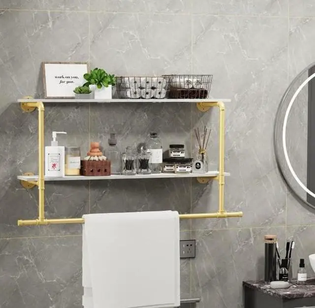 Alt view image 2 of 7 - Wall Mounted Industrial Pipe Garment Rack Heavy Duty Iron  Garment Rack, Multi-Purpose Clothes Display Rack with 2-tier Top Shelves