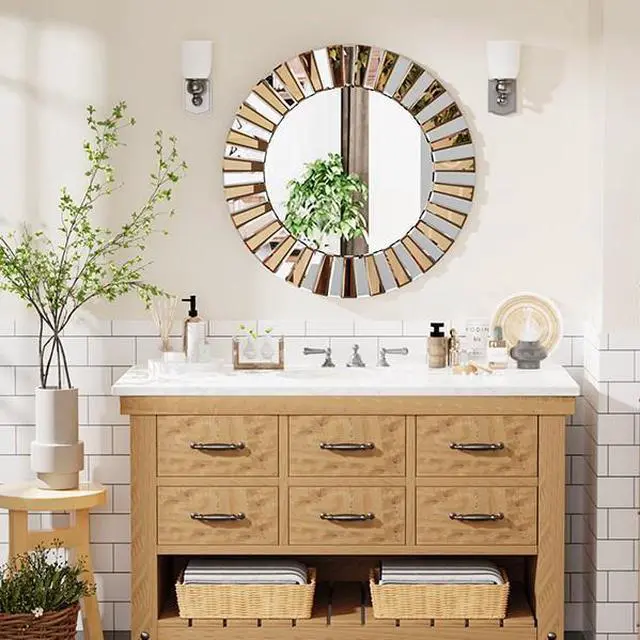 Alt view image 7 of 7 - Decorative Mirrors Round Sunburst Wall Mirror Beveled Edge Glass Bathroom Vanity Mirror Hanging Accent Mirrors for Living Room Bedroom Fireplace Decor