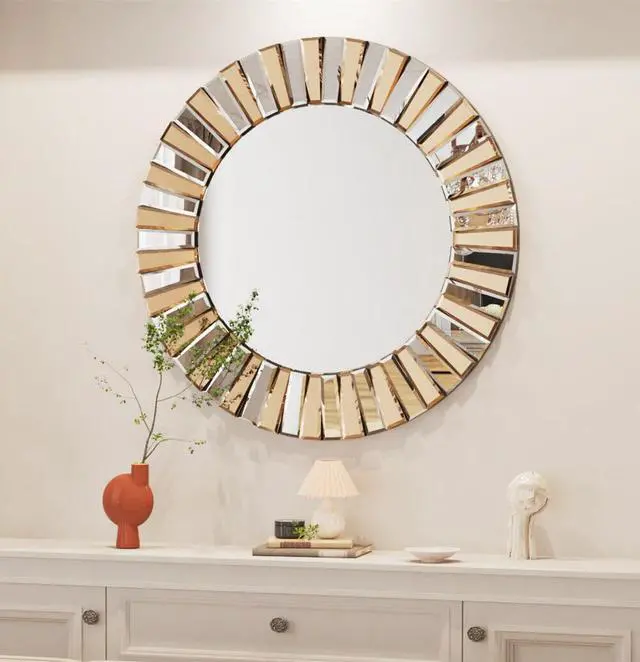 Main image of Decorative Mirrors Round Sunburst Wall Mirror Beveled Edge Glass Bathroom Vanity Mirror Hanging Accent Mirrors for Living Room Bedroom Fireplace Decor