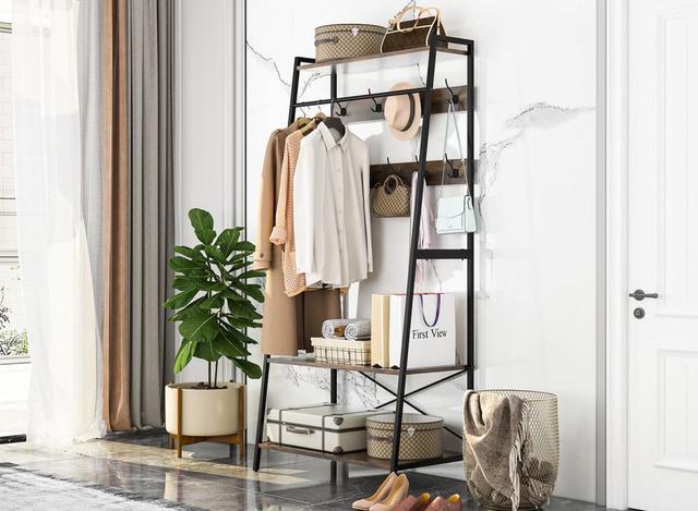 Alt view image 4 of 7 - Retro Garment Rack Industrial Hanging  Clothes Stand with Storage Shelves & Hooks