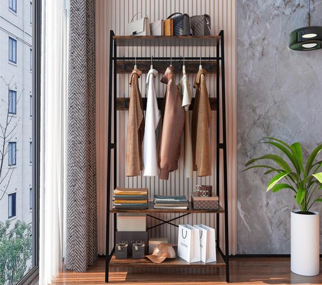 Alt view image 2 of 7 - Retro Garment Rack Industrial Hanging  Clothes Stand with Storage Shelves & Hooks