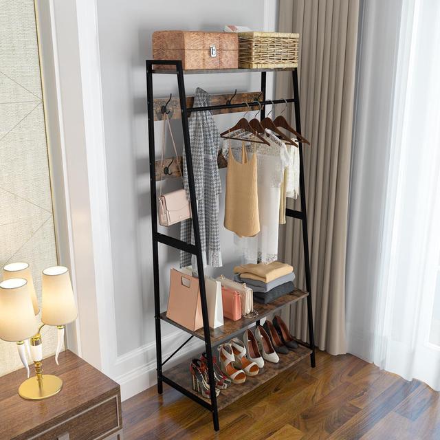 Alt view image 6 of 7 - Retro Garment Rack Industrial Hanging  Clothes Stand with Storage Shelves & Hooks
