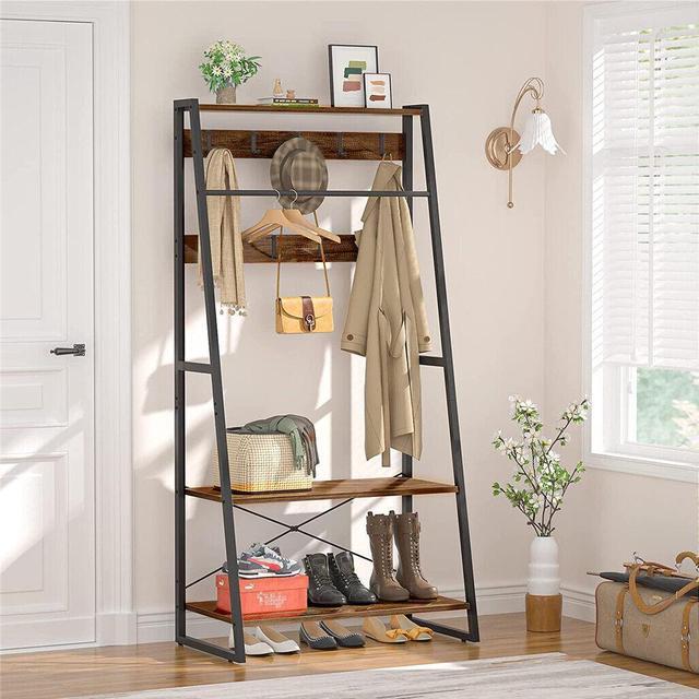 Alt view image 3 of 7 - Retro Garment Rack Industrial Hanging  Clothes Stand with Storage Shelves & Hooks