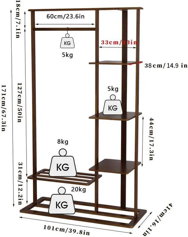 Alt view image 7 of 7 - Freestanding Bamboo Clothes Garment Rack Clothes Coat Rail with Storage Shelves