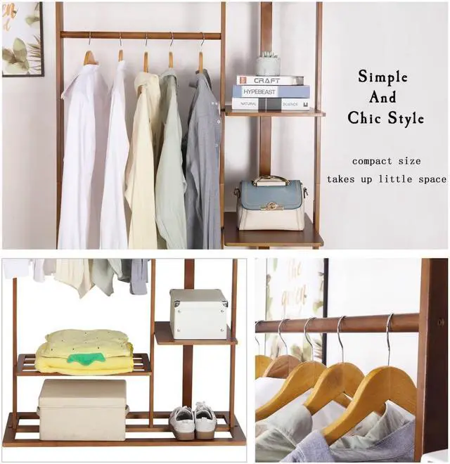Alt view image 5 of 7 - Freestanding Bamboo Clothes Garment Rack Clothes Coat Rail with Storage Shelves