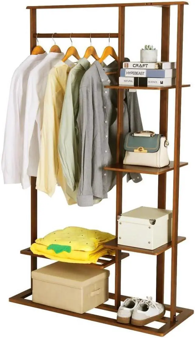 Alt view image 4 of 7 - Freestanding Bamboo Clothes Garment Rack Clothes Coat Rail with Storage Shelves