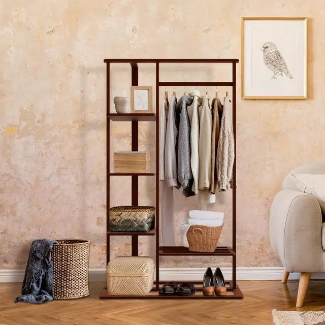 Alt view image 3 of 7 - Freestanding Bamboo Clothes Garment Rack Clothes Coat Rail with Storage Shelves