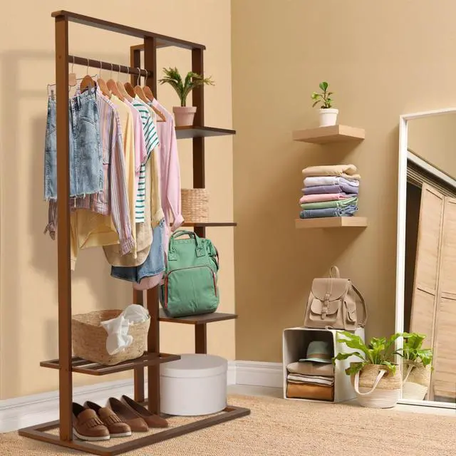 Main image of Freestanding Bamboo Clothes Garment Rack Clothes Coat Rail with Storage Shelves