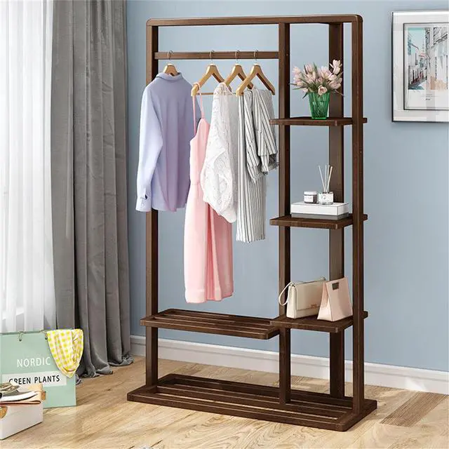 Alt view image 2 of 7 - Freestanding Bamboo Clothes Garment Rack Clothes Coat Rail with Storage Shelves