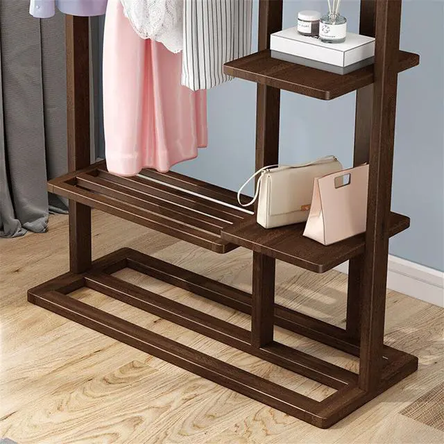 Alt view image 6 of 7 - Freestanding Bamboo Clothes Garment Rack Clothes Coat Rail with Storage Shelves
