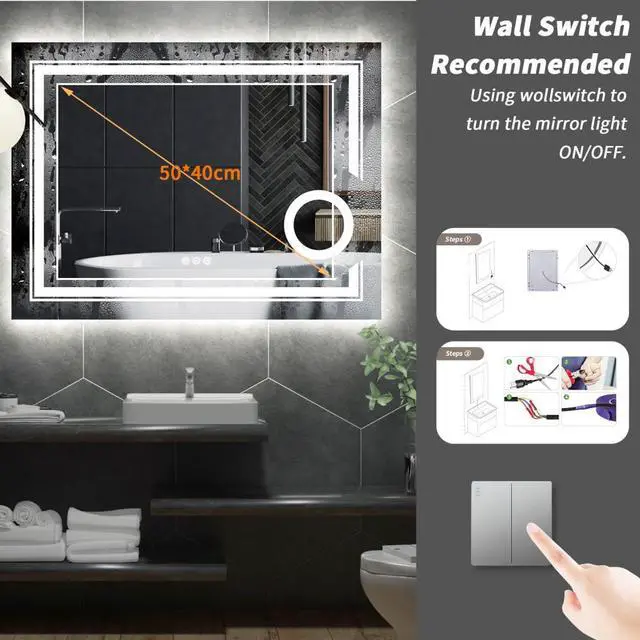 Alt view image 6 of 7 - LED Lighted Smart Bathroom Mirror 3X Magnifier Wall Mounted Front Backlit Dimmer