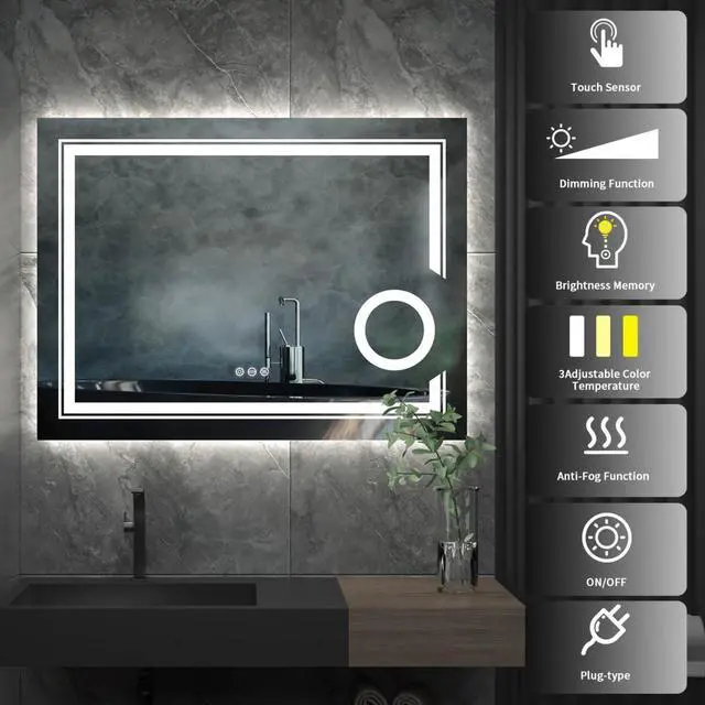 Alt view image 5 of 7 - LED Lighted Smart Bathroom Mirror 3X Magnifier Wall Mounted Front Backlit Dimmer
