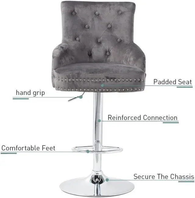 Alt view image 5 of 7 - Luxury Velvet Lion Knocker Quilted Back Dining Chair  Grey Tall Bar Stool Adjustable Height
