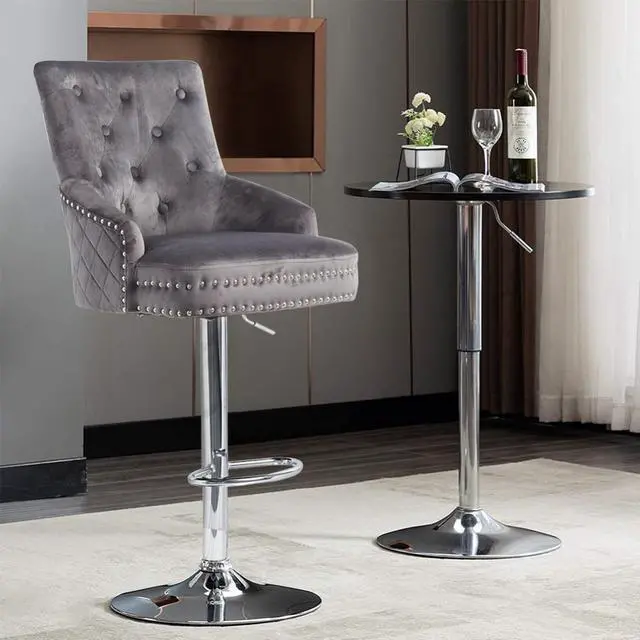 Alt view image 3 of 7 - Luxury Velvet Lion Knocker Quilted Back Dining Chair  Grey Tall Bar Stool Adjustable Height