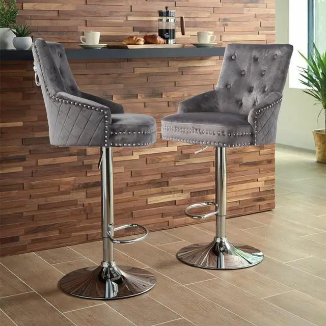 Alt view image 4 of 7 - Luxury Velvet Lion Knocker Quilted Back Dining Chair  Grey Tall Bar Stool Adjustable Height