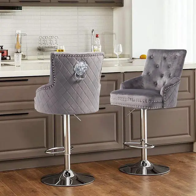 Alt view image 2 of 7 - Luxury Velvet Lion Knocker Quilted Back Dining Chair  Grey Tall Bar Stool Adjustable Height