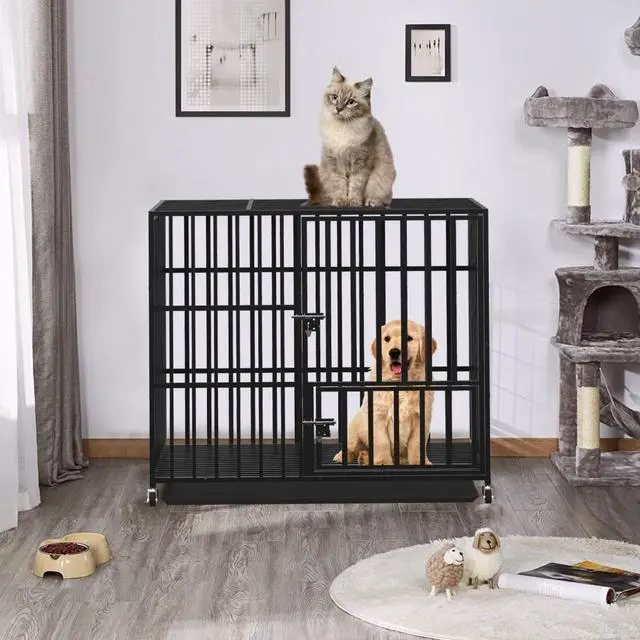 Alt view image 5 of 7 - Chew-resistant Heavy Duty Metal Dog Cage Kennel Pet Crate Wheels Indoor Outdoor
