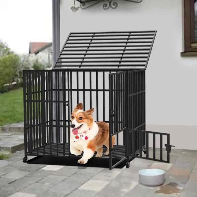 Alt view image 6 of 7 - Chew-resistant Heavy Duty Metal Dog Cage Kennel Pet Crate Wheels Indoor Outdoor