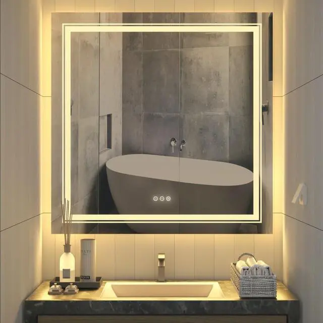 Alt view image 3 of 7 - Square Anti-Fog Illuminated LED Bathroom Mirror Dual Hanging Touch Sensor Makeup Vanity Mirror