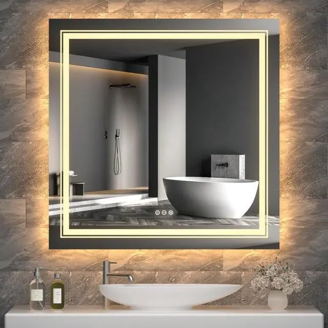 Alt view image 4 of 7 - Square Anti-Fog Illuminated LED Bathroom Mirror Dual Hanging Touch Sensor Makeup Vanity Mirror