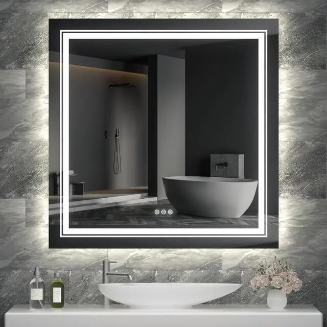 Alt view image 5 of 7 - Square Anti-Fog Illuminated LED Bathroom Mirror Dual Hanging Touch Sensor Makeup Vanity Mirror