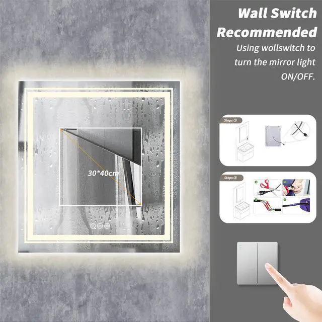 Alt view image 6 of 7 - Square Anti-Fog Illuminated LED Bathroom Mirror Dual Hanging Touch Sensor Makeup Vanity Mirror