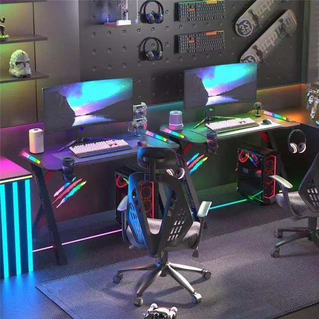 Alt view image 5 of 7 - Large 3D Super Cool RGB LED Lights Computer Gaming Desk RGB LED Lights Carbon Fiber Laptop Table Home Office Desk