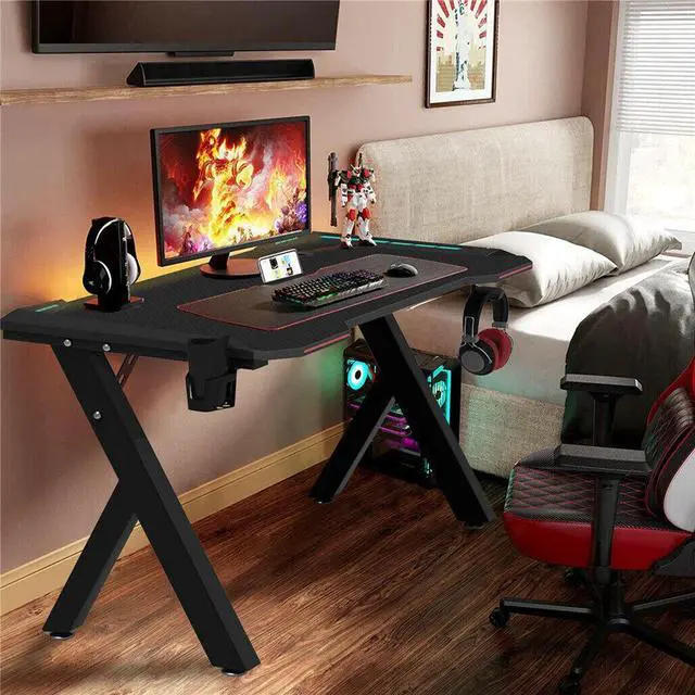 Alt view image 4 of 7 - Large 3D Super Cool RGB LED Lights Computer Gaming Desk RGB LED Lights Carbon Fiber Laptop Table Home Office Desk