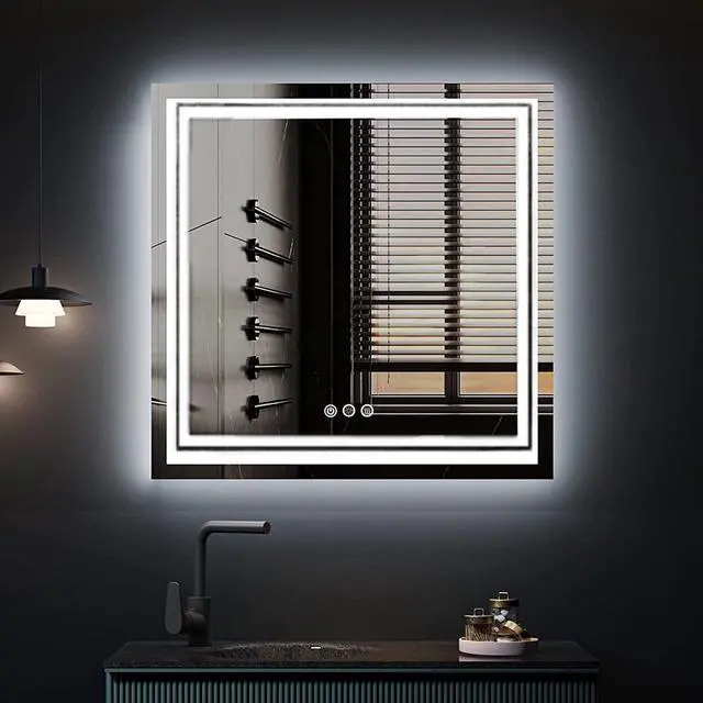 Alt view image 2 of 7 - Square Anti-Fog Illuminated LED Bathroom Mirror Dual Hanging Touch Sensor Makeup Vanity Mirror