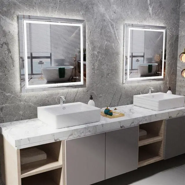 Alt view image 3 of 7 - Square Anti-Fog Illuminated LED Bathroom Mirror Dual Hanging Touch Sensor Makeup Vanity Mirror