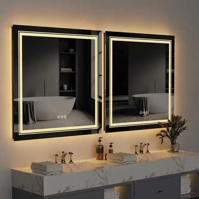 Main image of Square Anti-Fog Illuminated LED Bathroom Mirror Dual Hanging Touch Sensor Makeup Vanity Mirror