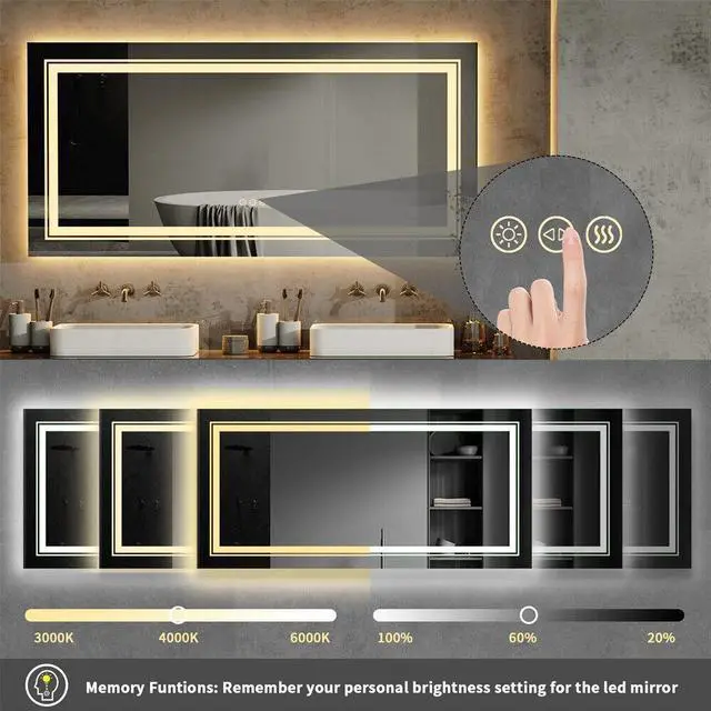 Alt view image 5 of 7 - Extra Large LED Illuminated Bathroom Mirror Anti-fog Shatterproof Aluminum Frame