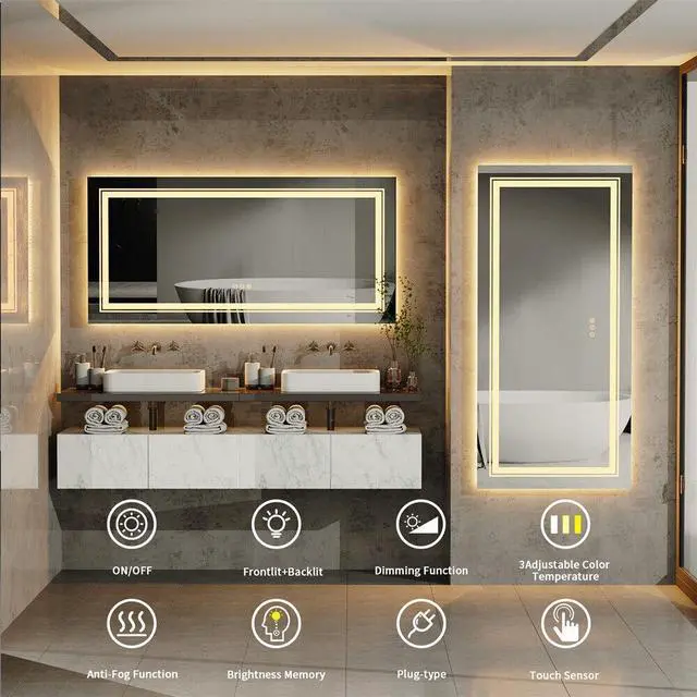 Alt view image 6 of 7 - Extra Large LED Illuminated Bathroom Mirror Anti-fog Shatterproof Aluminum Frame