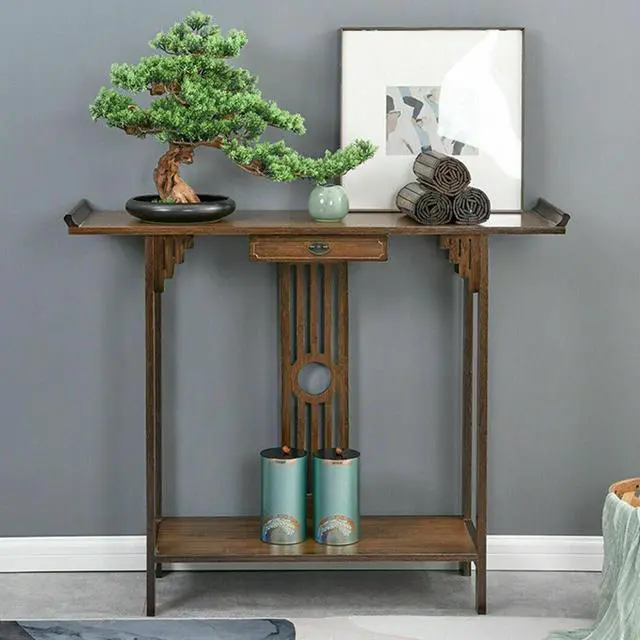 Main image of Oriental Console Table Rustic Wood Corridor Side Table with Storage Shelf