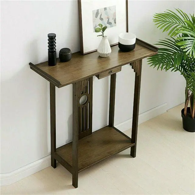 Alt view image 2 of 7 - Oriental Console Table Rustic Wood Corridor Side Table with Storage Shelf