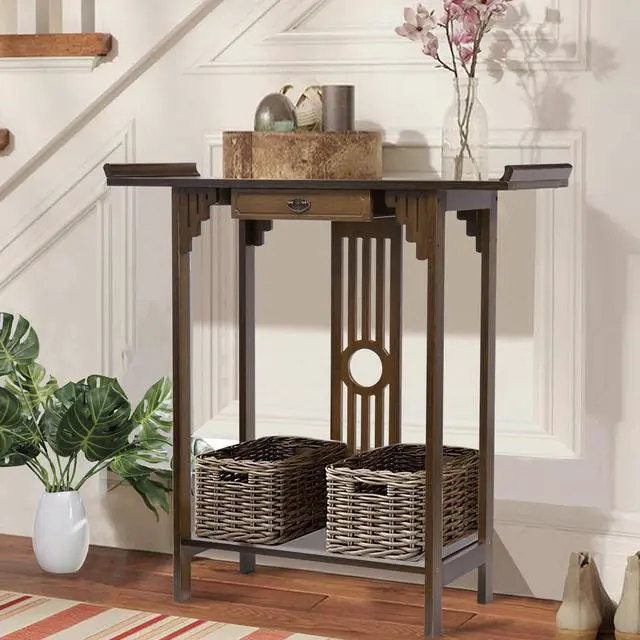 Alt view image 4 of 7 - Oriental Console Table Rustic Wood Corridor Side Table with Storage Shelf