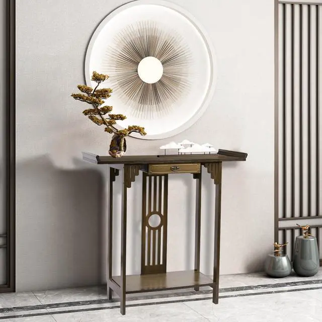 Alt view image 3 of 7 - Oriental Console Table Rustic Wood Corridor Side Table with Storage Shelf