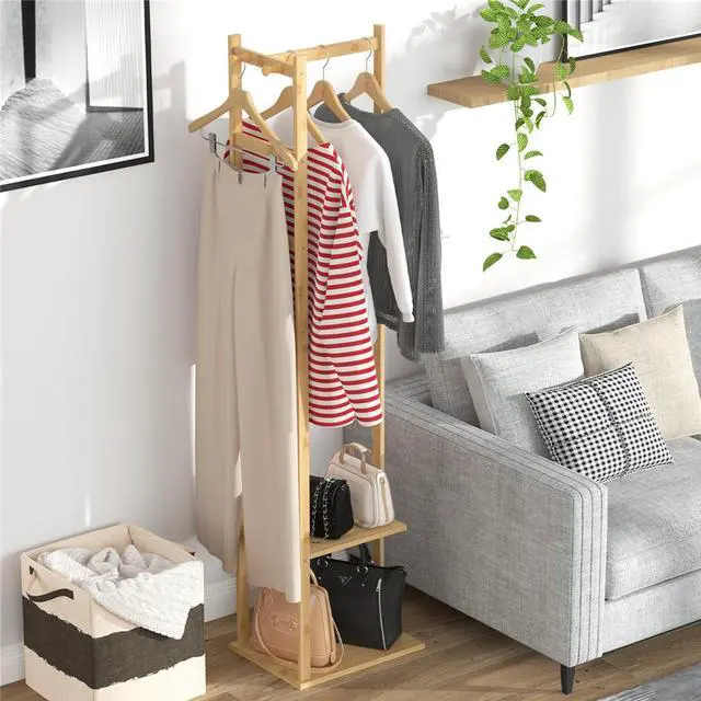 Alt view image 4 of 7 - Bamboo Garment Coat Rack Wooden Clothes Hat Hanger Organizer Shelf