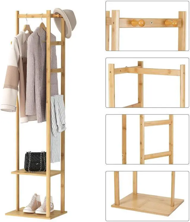 Alt view image 6 of 7 - Bamboo Garment Coat Rack Wooden Clothes Hat Hanger Organizer Shelf