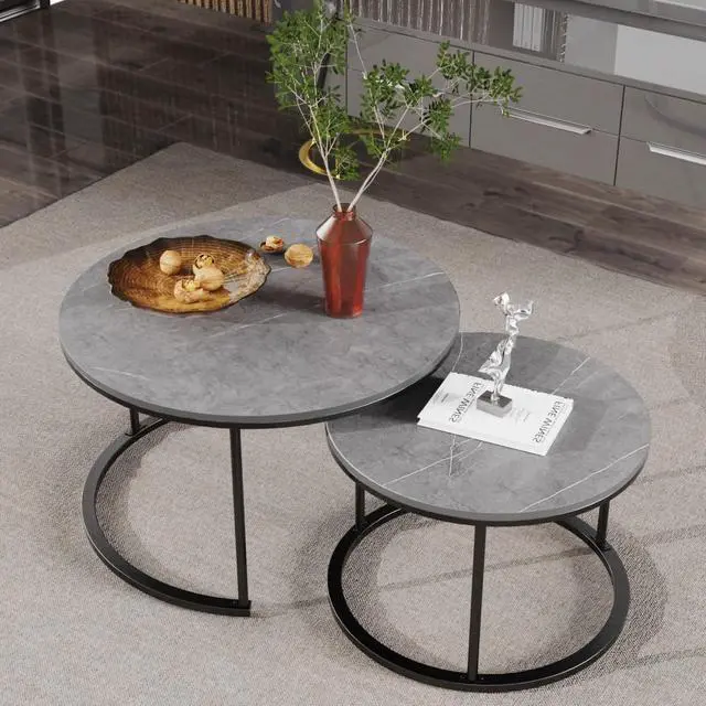 Main image of 2 PCS Marble Coffee Nesting Table Round Side End Table Metal Legs Waterproof
