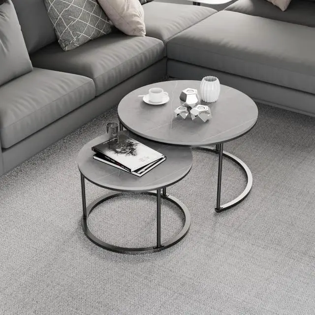 Alt view image 2 of 7 - 2 PCS Marble Coffee Nesting Table Round Side End Table Metal Legs Waterproof