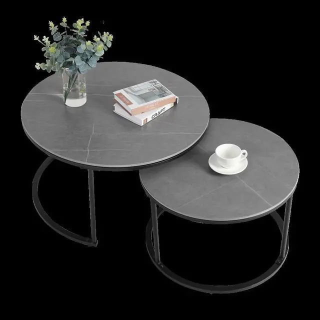 Alt view image 4 of 7 - 2 PCS Marble Coffee Nesting Table Round Side End Table Metal Legs Waterproof