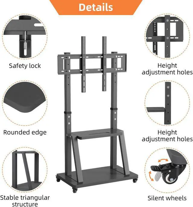 Alt view image 5 of 7 - XXL Large Mobile TV Stand Mount Universal Flat Screen Rolling TV Cart for 32-100 inch LED LCD OLED Screens Height Adjustable Ultra Stable TV Trolley with 2 Tier Storage Shelves