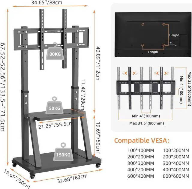 Alt view image 7 of 7 - XXL Large Mobile TV Stand Mount Universal Flat Screen Rolling TV Cart for 32-100 inch LED LCD OLED Screens Height Adjustable Ultra Stable TV Trolley with 2 Tier Storage Shelves