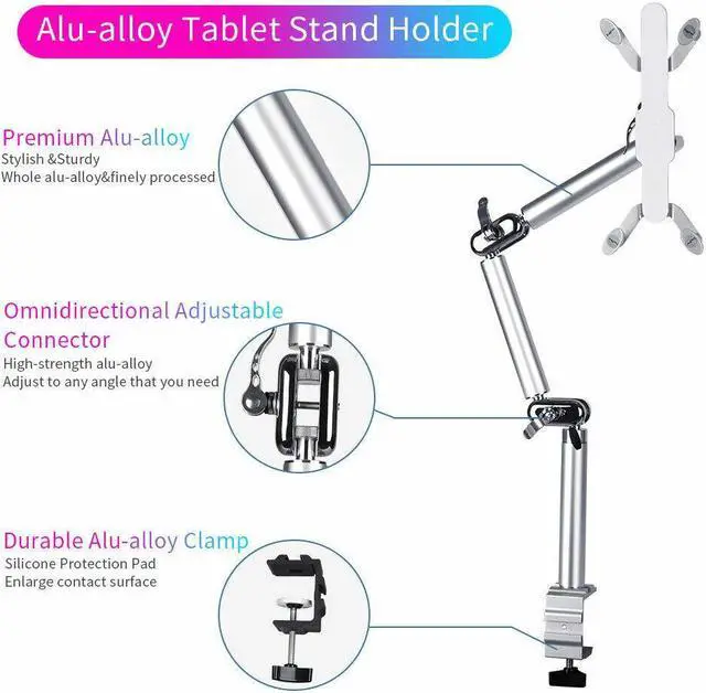 Alt view image 7 of 7 - Foldable Desk Tablet Holder 360 Degree Rotation Tablet Mount Adjustable Height  for 7-10" iPad  Laptop Silver