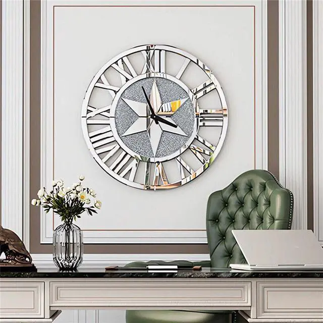 Alt view image 2 of 7 - Luxury Round  Wall Crushed Diamond Clock Large Silver Mirrored  Roman Numera Clock