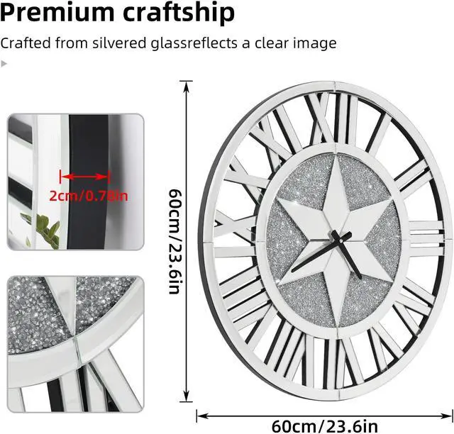 Alt view image 7 of 7 - Luxury Round  Wall Crushed Diamond Clock Large Silver Mirrored  Roman Numera Clock