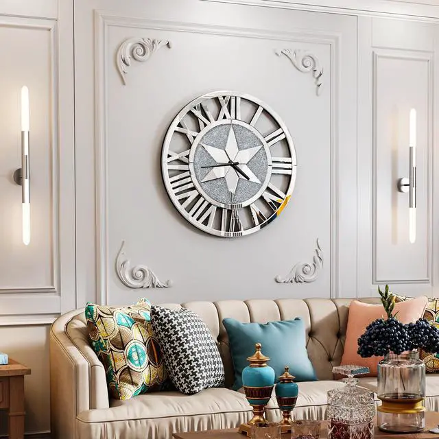 Alt view image 3 of 7 - Luxury Round  Wall Crushed Diamond Clock Large Silver Mirrored  Roman Numera Clock